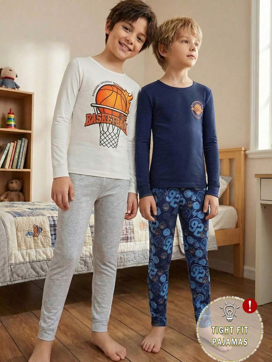 男童休闲篮球印花长袖上衣和紧身裤睡衣套装（4件套） - 彩色 - 查看 1