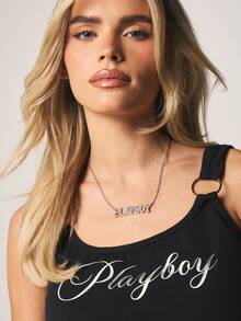 Missguided x Playboy Rhinestone Letter Pendant Necklace Crystal Statement Chain Choker Fashion Jewelry Accessories For Layering Everyday Wear - Silver - View 4