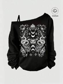 ROMWE Plus Size Gothic Mysterious Moth Snake Sun Moon Star Butterfly Plaid Loose Fit Shoulder Sweatshirt - Black - View 4