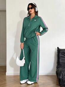SHEIN Tall 女士两件套梭织撞色条纹外套和裤子运动套装 女士休闲运动服两件套 - 綠色 - 查看 1