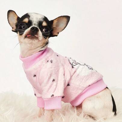 PETSIN 1件可爱兔子和泰迪熊情书印花法兰绒卫衣，适合秋冬季节穿着，加厚保暖，宠物服装