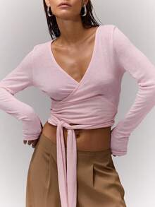 MUSERA V领裹身系带上衣，休闲百搭，适合度假、机场出行、秋季返校季、春夏穿着，优雅时尚。 - 粉色 - 查看 5