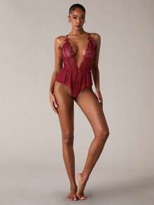 SHEIN BAE 1件装女士花卉蕾丝蝴蝶结装饰性感连体衣（无钢圈） - 酒紅色 - 查看 3