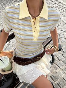 Muchica Women's Spring/Summer New Knitted Striped Polo Collar Slim Fit Short Sleeve T-Shirt - Multicolor - View 6