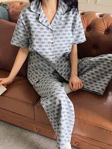 DAZY 格子宽松撞色纽扣装饰女士睡衣套装 - 藍色 - 查看 1