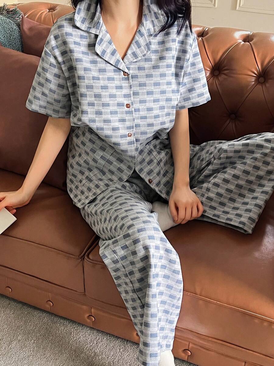 DAZY 格子宽松撞色纽扣装饰女士睡衣套装 - 藍色 - 查看 1