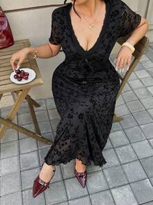 SHEIN EZwear 女式大码V领短袖休闲节日迷你连衣裙，夏季 - 黑色 - 查看 1