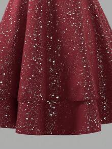 SHEIN Elegant Tween Girlsbowknot Decor A-Line Flounce Mesh Slip Dress, Suitable For Evening Party And Banquet - Burgundy - View 6