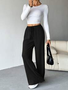 SHEIN Tall 女士罗纹磨毛阔腿裤，适合秋冬季穿着 - 黑色 - 查看 7