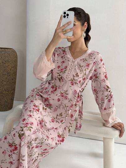 Yasmyna Women's V-Neck Mesh Patchwork Floral Print Elegant Party Dress