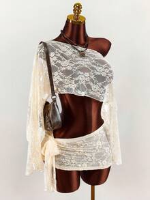Amplova Romantic Boho New Lace Sheer Asymmetric Shoulder Cover Up Top & Tie-Up Mini Skirt 2-Piece Set For Women - Apricot - View 5