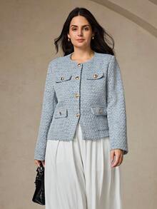 Aveloria Rosie Plus Size Women's Multi-Pocket Round Neck Blazer Jacket, Textured Bouclé Fabric - Multicolor - View 1