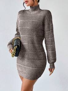 RosyDaze Đầm len dài tay cổ cao dệt kim kiểu dáng thường ngày dành cho nữ - Cà phê nâu - Xem 4