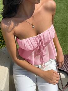 MainGRL Damen Gewebtes Gerafftes Vorder-Bindeträger-Top, Einfarbig - Pink - Übersicht 5