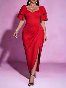 Viva Relle 大码性感深V领长袖连衣裙，适合情人节、约会、派对等场合 - 紅色 - 查看 6