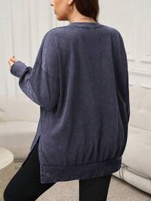 SHEIN LUNE 大码纯色圆领休闲百搭长袖卫衣，适合感恩节、新年、冬季等各种场合，蓝色休闲上衣，适合锐舞派对等场合。 - 寶藍色 - 查看 2