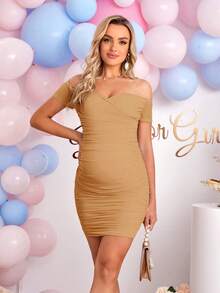 Loomaby Maternity Solid Color Off Shoulder Short Sleeve Ruched Fitted Fashionable Dress - Khaki - View 4