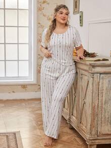 CottageSlumber Romantic Heart & Wavy Line Decor Plus Size Short Sleeve Top And Pants Set - White - View 5