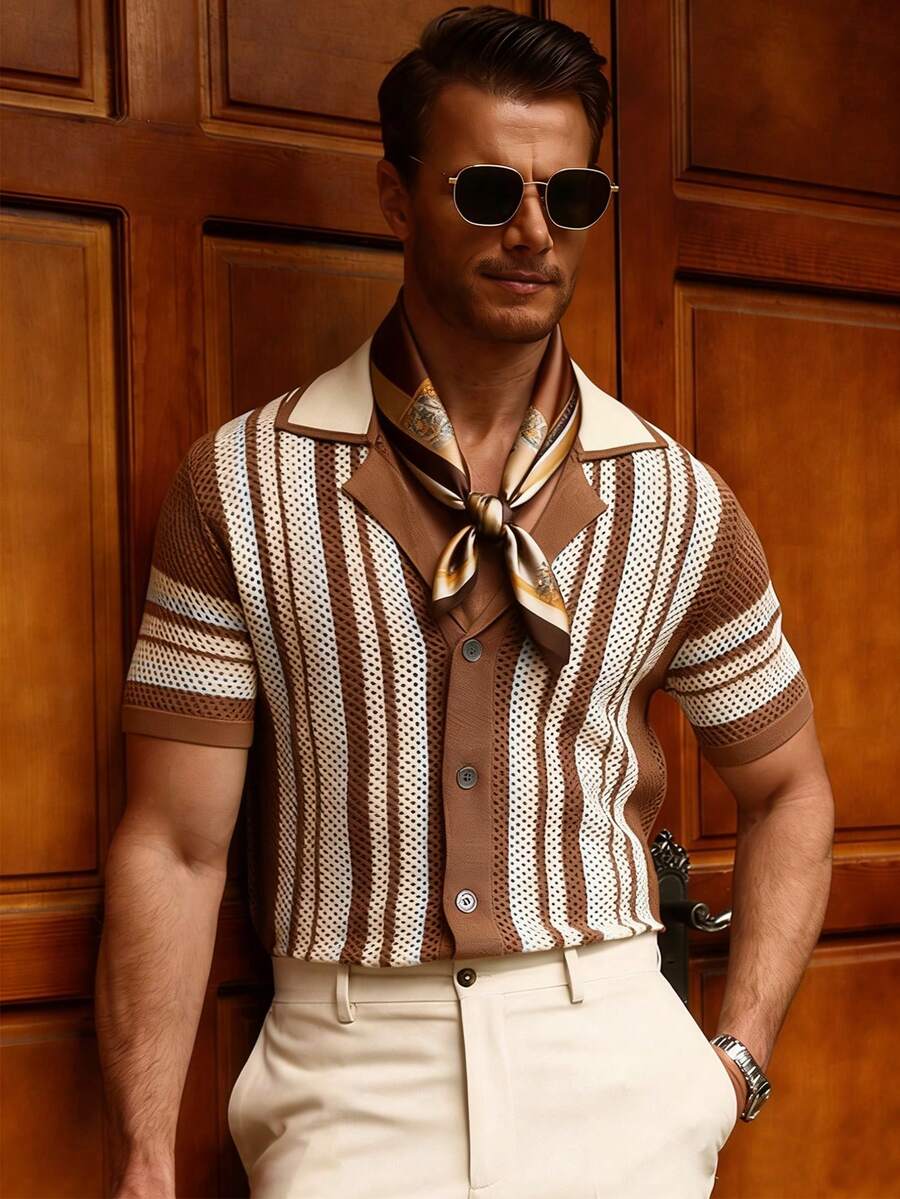 Manfinity CityGents Men's Front Button Short Sleeve Striped Casual Knit Top Beach Vacation - Multicolor - View 1