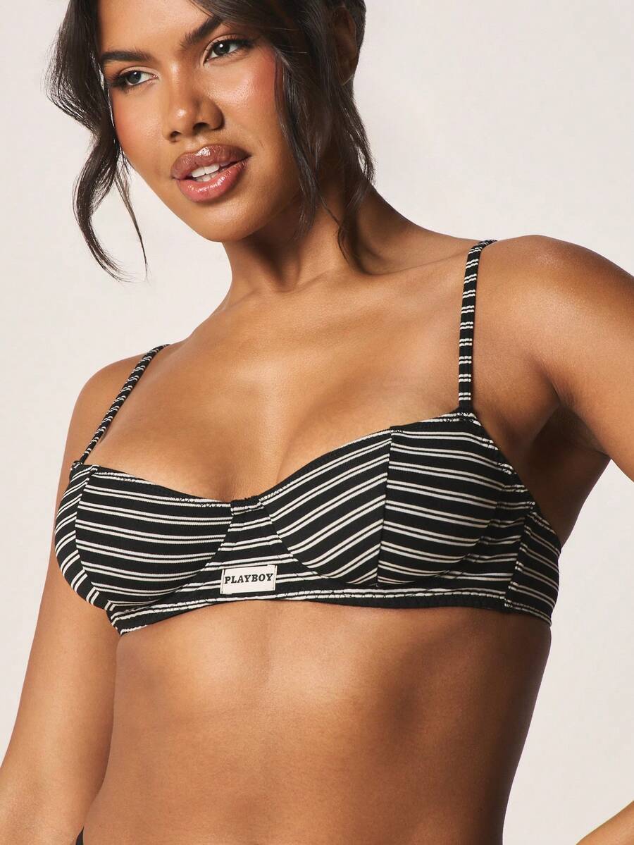 Missguided x Playboy 条纹钢圈文胸，配有可调节肩带和甜心领口，日常穿着舒适又时尚 - 彩色 - 查看 1