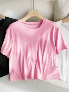 Comfortcana 3pcs/Set Plus Size Basic Crew Neck Short Sleeve Colorful T-Shirts - Pink - View 4