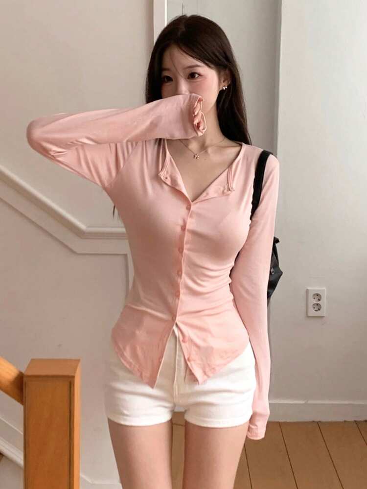 Women's Slim Fit Crew Neck Long Sleeve T-Shirt, Minimalist Style Spring