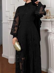 DAZY Women's Textured Fabric Loose Fit Dress With Mandarin Collar - Black - View 4