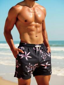 Manfinity VDAYZ 男士碎花图案休闲弹力腰抽绳口袋沙滩短裤