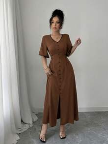 Elenzga 女士新款春夏杏色撞色黑色V领荷叶袖撞色系带腰带宽松A字开衩休闲度假高端优雅长裙 - 棕色 - 查看 5