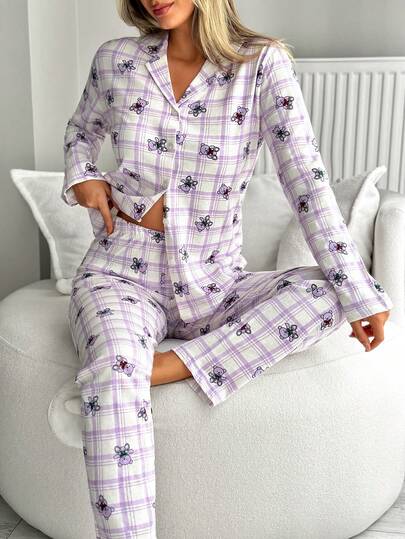 EURMUSE Women 2 Pcs Button Front With BEAR&PLAID Pattern Homewear Cute Pajama Set