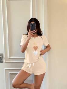 Dream Adore 3件套爱心图案休闲短袖短裤睡衣套装 - 杏色 - 查看 3