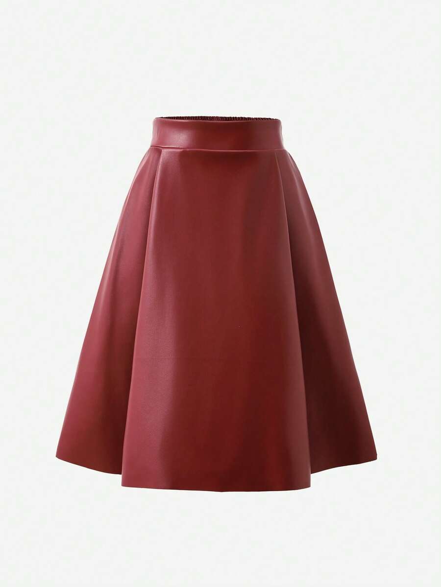 Tween Girls PU Mid-Length Skirt For Autumn And Winter, Fashionable And Elegant Commuting Skirt - Burgundy - View 1