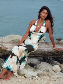 Opulessa Vacation Chiffon Printed Halter Backless Dress For Women Suitable For Spring/Summer Party, Club Outfits, Date, Night Out,Vacation ,Graduation,Prom, Going Out Outfit, Spring To Summer, Valentine's Day, Carnival Costume, Elegant Dresses For Party, Beach Outfit, Wedding Guest Dresses, Summer Vacation Outfits,  Floral Dress, Casual Dress - Green - View 1