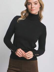 Blusa de punto con cuello alto y botones metálicos - Negro - Ver 1