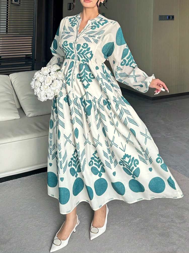 Dazy Plus Floral Print Lantern Sleeve Waist Cinched Long Elegant Plus Size Women Dress, Spring/Autumn Maxi Dress Sundress Boho