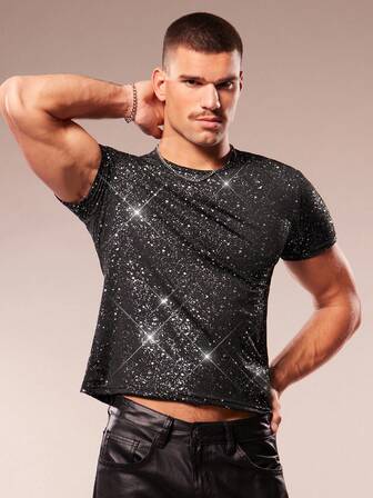 FeverCity Men's Fashionable Silver Foil Glitter Short Sleeve T-Shirt, Summer