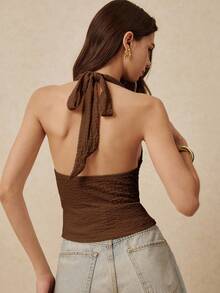 Poéselle Women's Solid Color Button Design Deep V Neck Fitted Sexy Fashion Halter Top - Coffee Brown - View 3