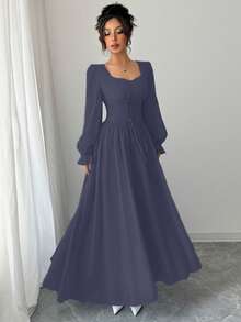 Modelyn Women's Solid Color Sweetheart Neck Flare Sleeve Tie-Waist French Elegant Dress - Blue - View 4