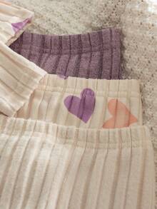 SHEIN 6件套女婴秋季新款2025新生儿套装，心形印花和纯色圆领长袖上衣，肩部按扣设计，弧形下摆，休闲长裤，3套可爱时尚的婴儿家居服 - 紫色 - 查看 6