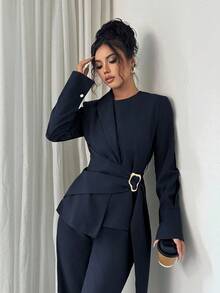 SHEIN Elenzya Women's Solid Color Long Sleeve Asymmetric Hem Shirt With Waist Buckle Design And Wide Leg Pants Elegant 2 Pieces Set - Navy Blue - View 6