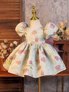 SHEIN Glamorique Kids 女婴公主裙，超大蝴蝶结后背，泡泡袖，粉色，玫瑰花卉提花面料，奢华派对礼服，舞台表演，特殊场合，四季皆宜