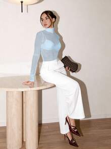 Bris Aura 斯德哥尔摩风格教师秋季高领针织上衣，优雅秋冬，网眼长袖上衣，商务休闲基本款上衣 - 藍色 - 查看 4