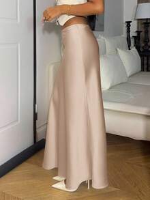 Ronhire Chân váy đuôi cá màu trơn dành cho nữ, chất liệu satin, kiểu dáng thanh lịch, phù hợp cho các bữa tiệc và mặc hàng ngày. - Màu be - Xem 4