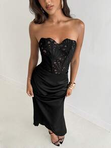 Aloruh 女士新款超长连衣裙，无肩带设计，不对称胸线，缎面拼接，纯黑色，轻盈派对礼服，优雅约会连衣裙 - 黑色 - 查看 6