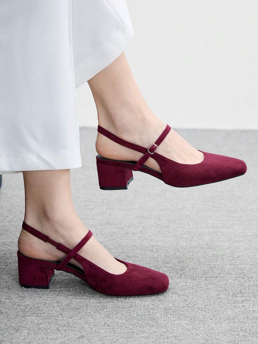 CUCCOO BIZCHIC Giày nữ cổ điển đơn giản, mũi vuông, gót dày, cao gót, đa năng, thích hợp mang hàng ngày. - Đỏ - Xem 1