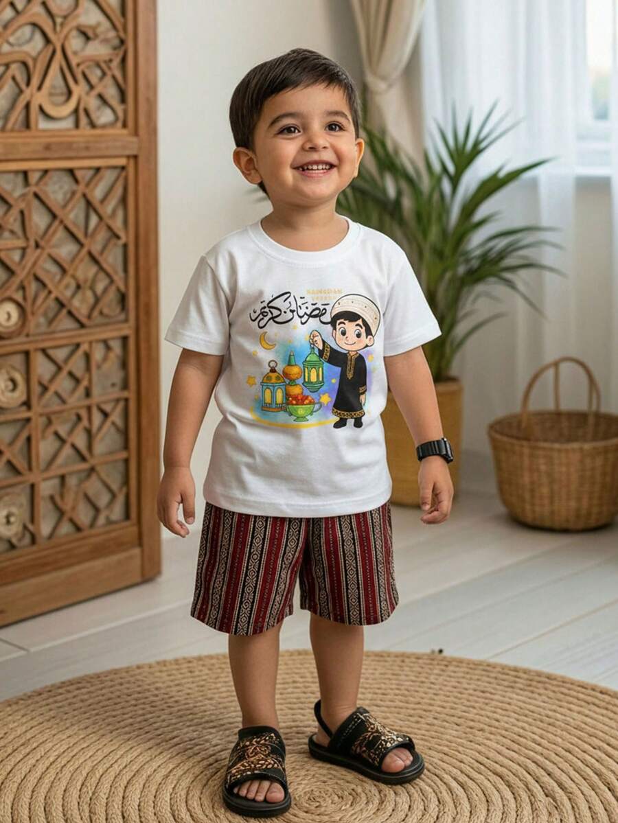SHEIN Young Boy White Summer T-Shirt Set,Family Matching Arabic Text Graphic,Classic Retro Traditional Pattern,Star,Moon,Lantern,Cute Cartoon Boy Print - White - View 1