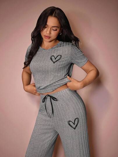 SHEIN Lazeform 简约心形印花舒适针织罗纹女士休闲家居服睡衣套装