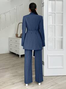 EURMUSE Grey Long Jacket And Straight Pant Two Pieces - Navy Blue - View 2