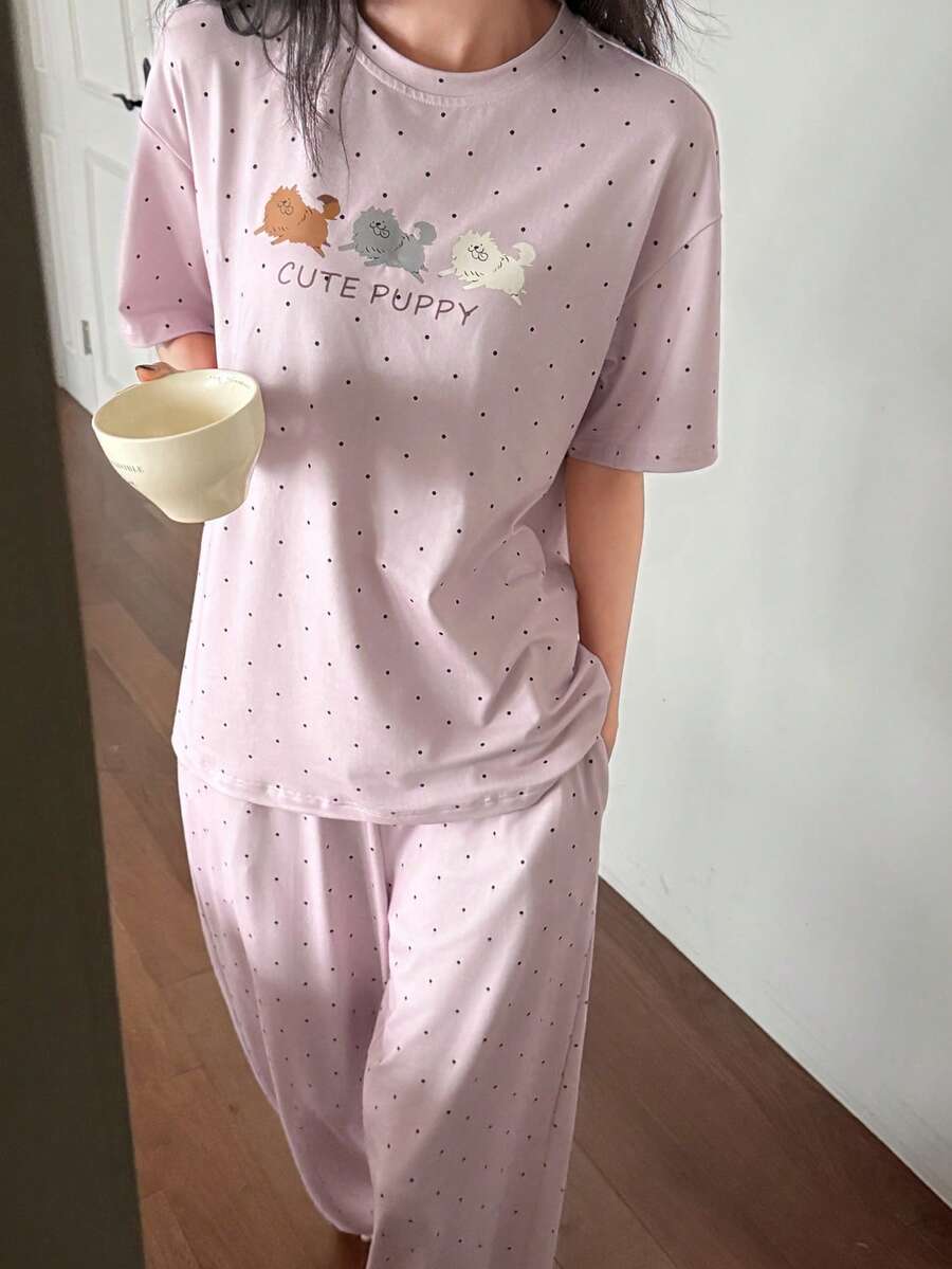 DAZY 2pcs Women Dog Print Polka Dot Loose Short Sleeve Pajama Set - Pink - View 1