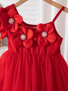Vestido blanco para niñas con decoración floral 3D con cuentas, cintura ceñida en línea A, adecuado para fiesta de cumpleaños, verano - Rojo - Ver 4